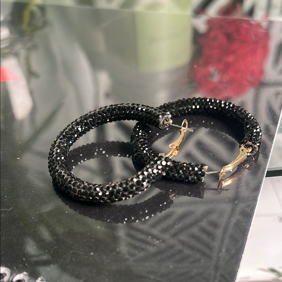 Swarovski Crystals Black Hoop Earrings - Picture 2 of 4